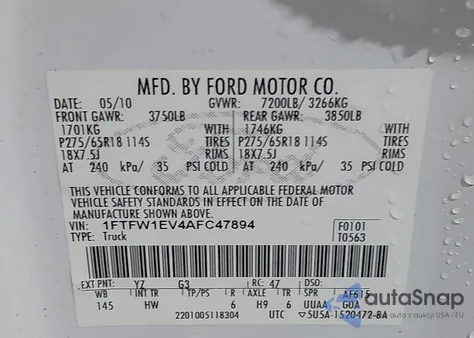 2010 Ford F-150 Fx4/Harley-Davidson/King Ranch/Lariat/Platinum/Xl/Xlt from USA, damaged, VIN 1FTFW1EV4AFC47894